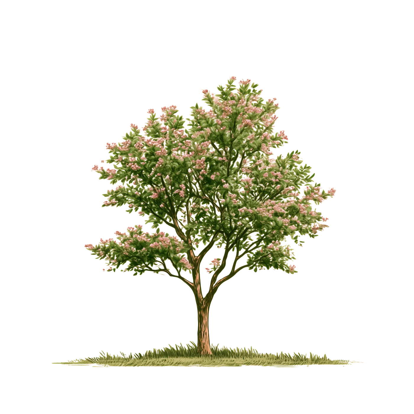 Gezeichneter Hochstamm-Obstbaum, der im Lauf der Jahreszeiten blüht, grünt, sich färbt und im Schnee steht