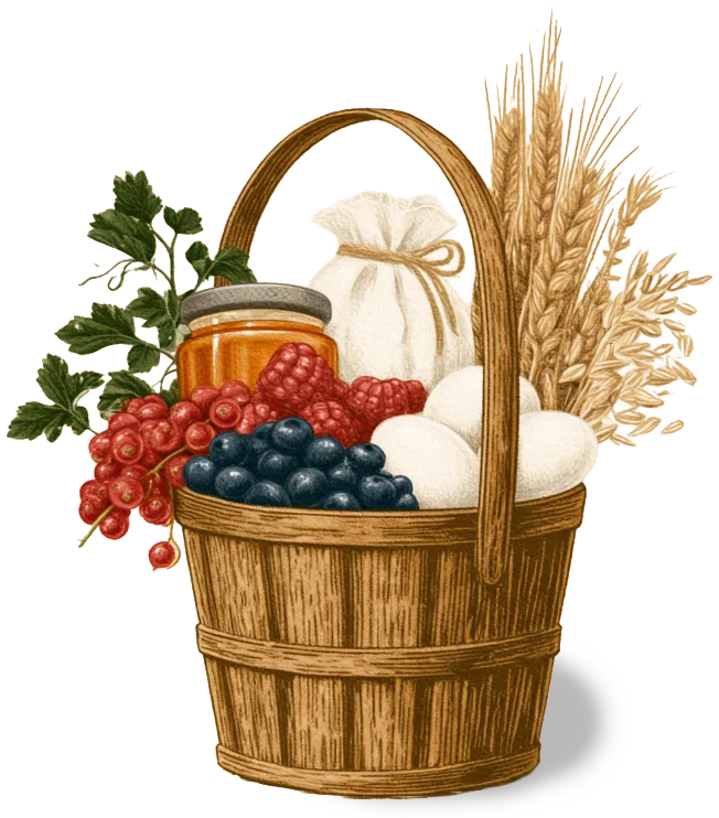 Gezeichneter Holzkorb mit Beeren, Honigglas, Eiern, Mehlsack und Getreideähren