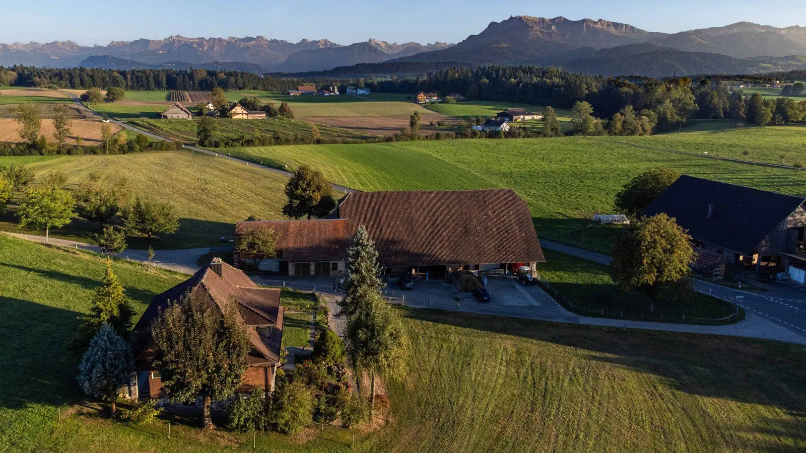 Luftaufnahme des Hofs Gritzenmoos im Abendlicht: Bauernhaus und Scheunen zwischen grünen Wiesen, dahinter Wald und die Alpen